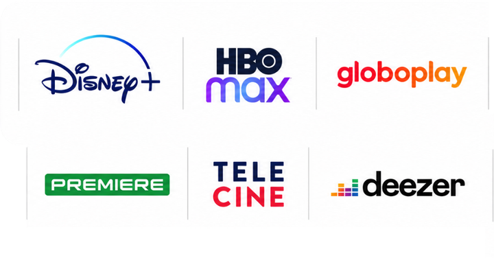 Disney+, HBO Max, Globoplay, Premiere, Telecine e Deezer